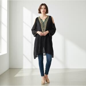 Free People Black XS Beaded Rhinestone Long Sleeve Dress